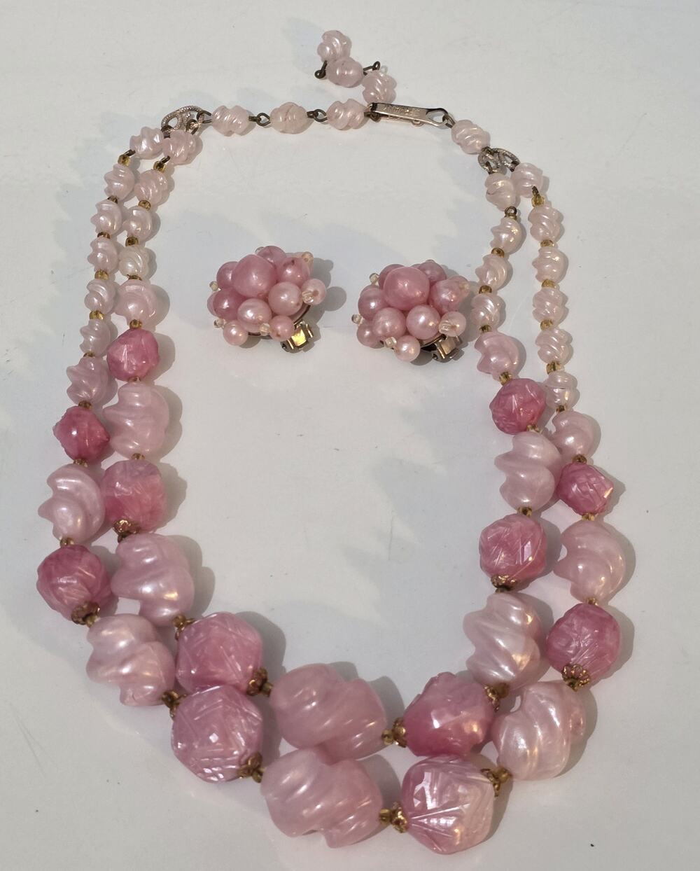 Vintage Western Germany Pink 2 Tier Necklace 17" and 2" Clip Earrings